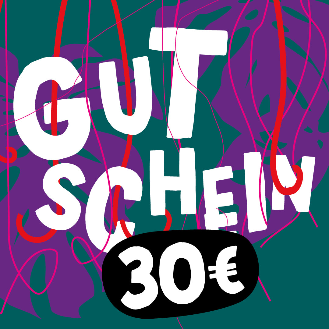 Geschenkgutschein, um Schokolade online zu kaufen. Wert 30 Euro. Motiv mit grünen Monstera Blättern und Lianen. aus dem Dschungel.