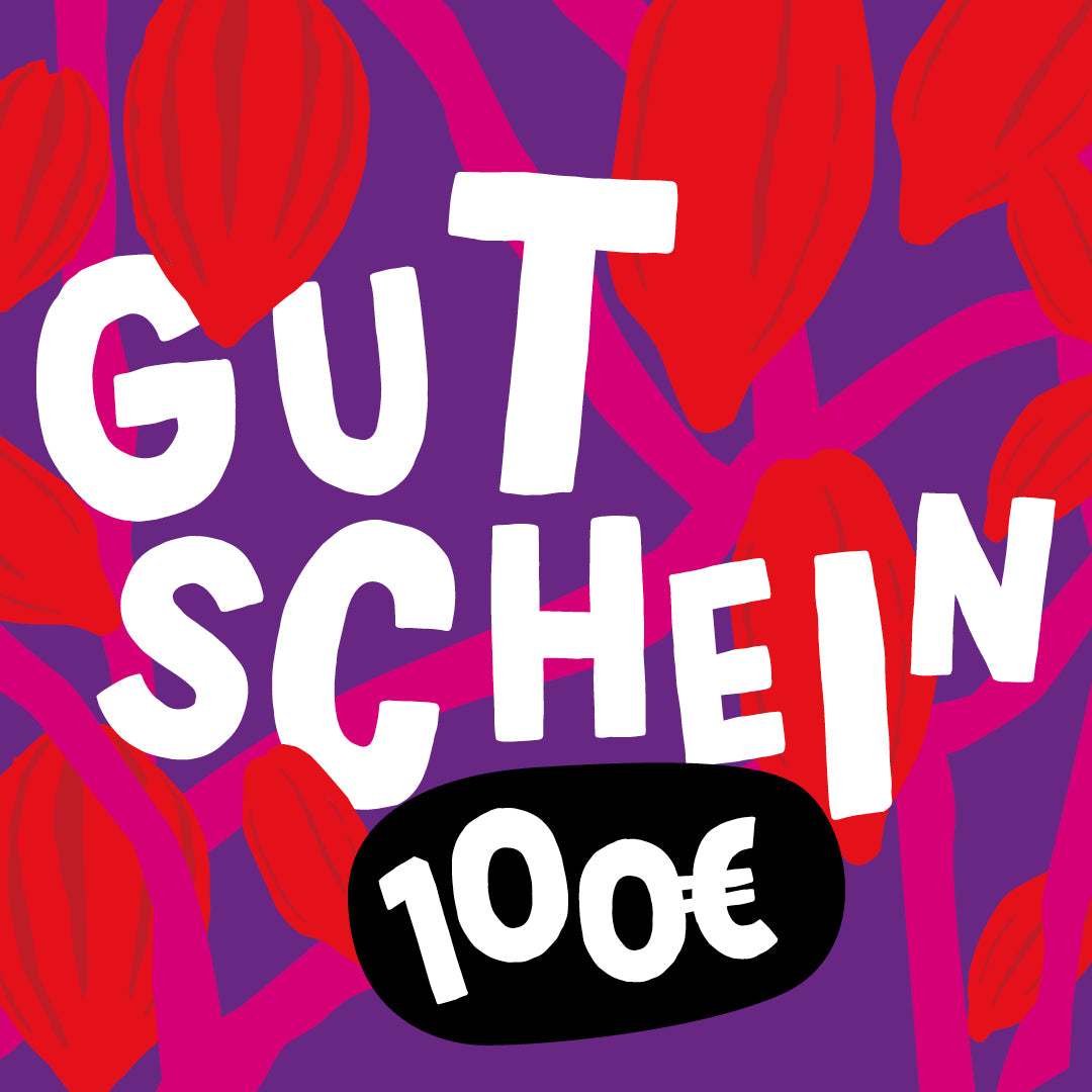 Geschenkgutschein im Wert von Euro. Schokolade verschenken mit einem schönen Motiv. Kakaobaum mit roten Kakaofrüchten.
