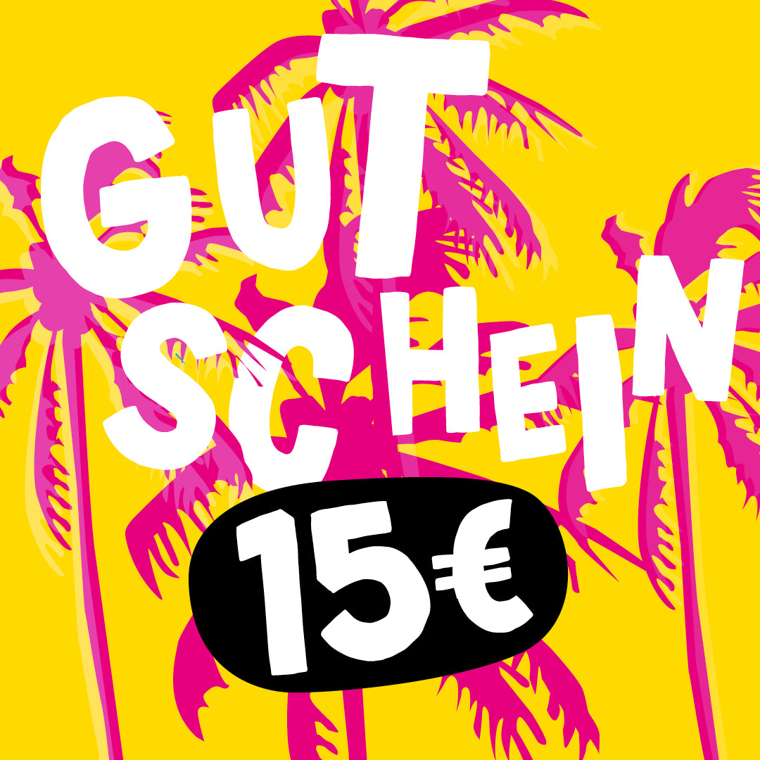 Geschenkgutschein, um Schokolade online zu kaufen. Wert 15 Euro. Motiv mit Palmen in gelb und pink.
