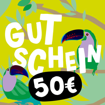 Gutschein, um Schokolade online zu kaufen. Wert 50 Euro. Motiv mit Bäumen, Blättern und Vogel in Grüntönen.
